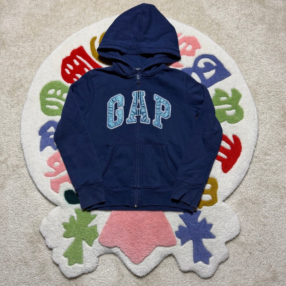 GapKids Navy Blue Glitter Logo Full Zip Hoodie Sweatshirt Girls Large 10-11